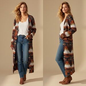 Lucky Brand Aztec Southwestern Open-Front Longline Duster – Size Medium
